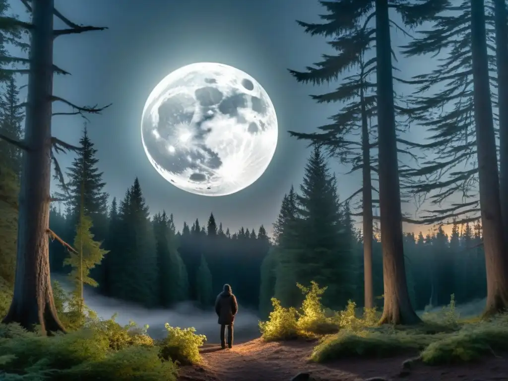 Misteriosa figura bajo la luna llena en bosque neblinoso Misteriosa figura bajo la luna llena en un bosque neblinoso