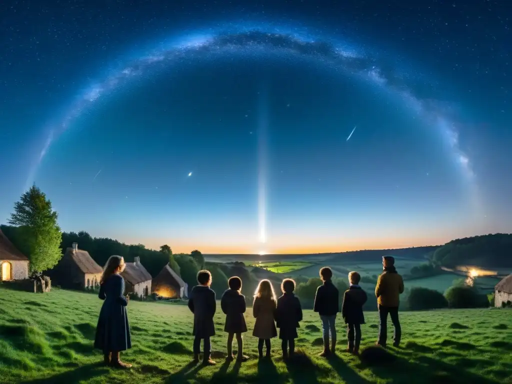 Maravilla celestial sobre Pontmain 1871: misterio y asombro Misteriosa aparición mariana en Pontmain en 1871, niños y aldeanos miran al cielo con asombro ante el halo de luz