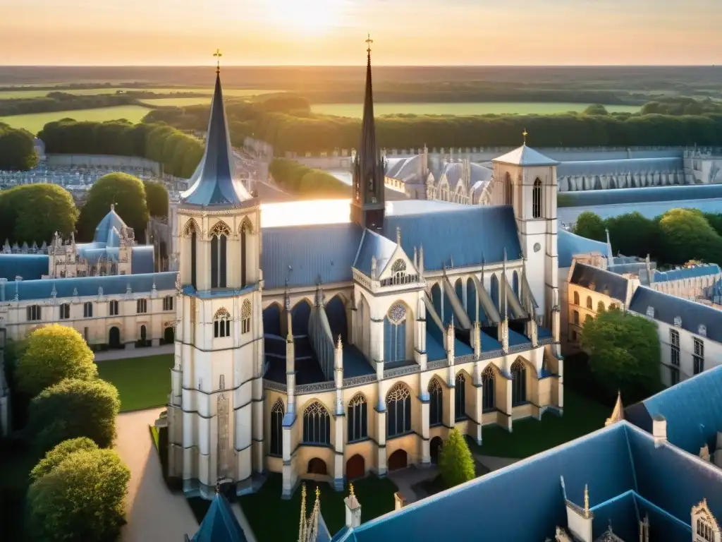 Santuario NotreDame de Pontmain: Belleza dorada al atardecer Misteriosa aparición mariana en Pontmain: última luz dorada ilumina el santuario gótico en la hora crepuscular