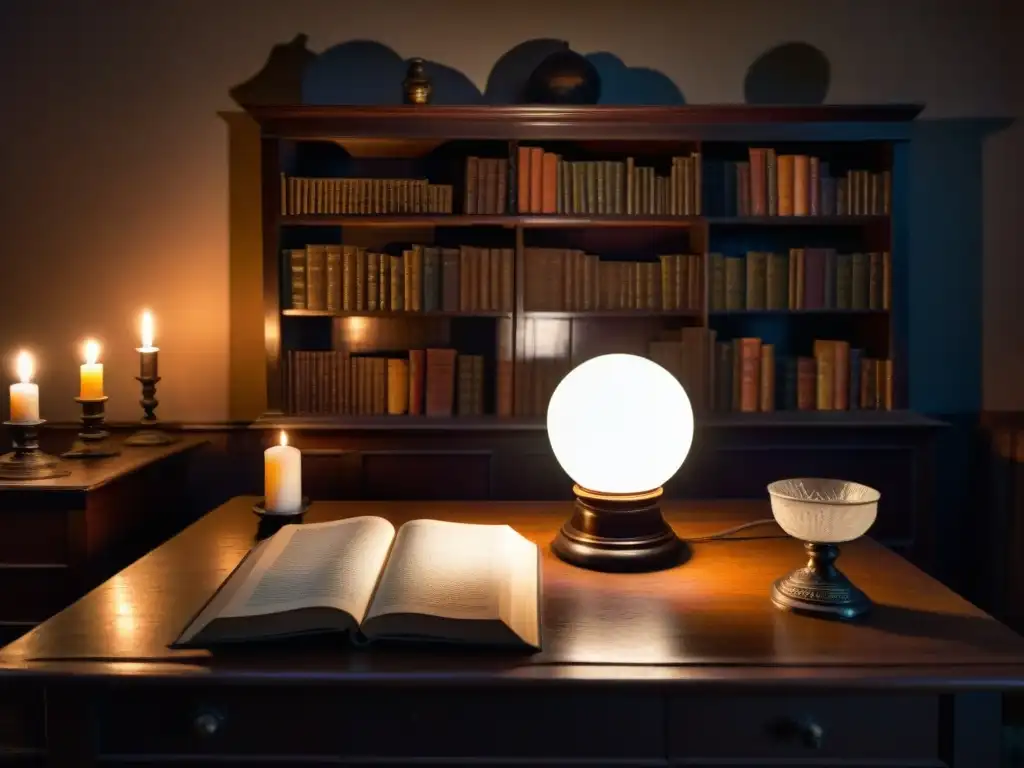 Escena misteriosa con bola de cristal y velas: lo sobrenatural Misteriosa habitación con mobiliario antiguo y bola de cristal rodeada de velas, libros de investigaciones paranormales