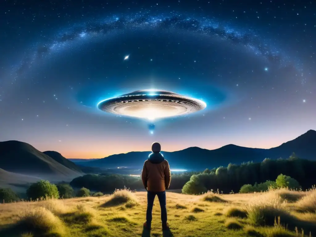 Imagen en 8k de un cielo nocturno misterioso con un OVNI brillante Misteriosa noche estrellada con OVNI brillante en paisaje tranquilo
