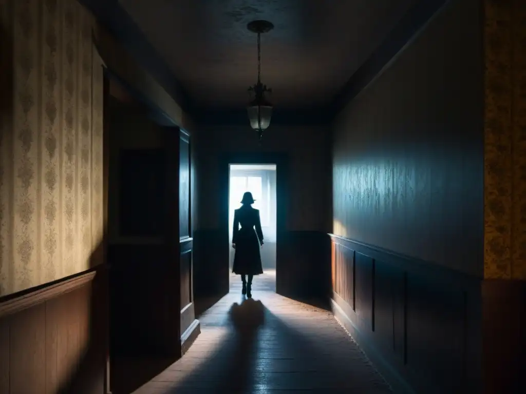 Una misteriosa silueta en un pasillo oscuro de una mansión abandonada, creando un ambiente de suspenso