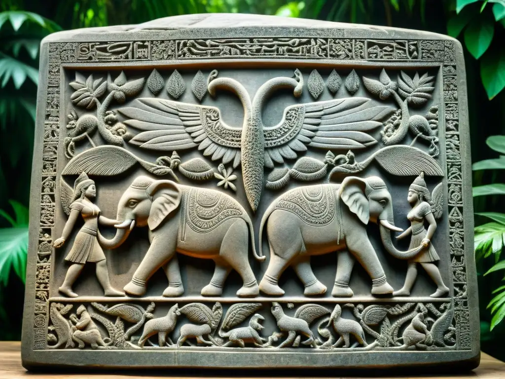 Misterioso Gigante de Java: Tableta de piedra con criaturas ancestrales Una misteriosa tableta de piedra cubierta de grabados detallados de criaturas gigantes con rasgos de elefante y aves, enredada en la selva