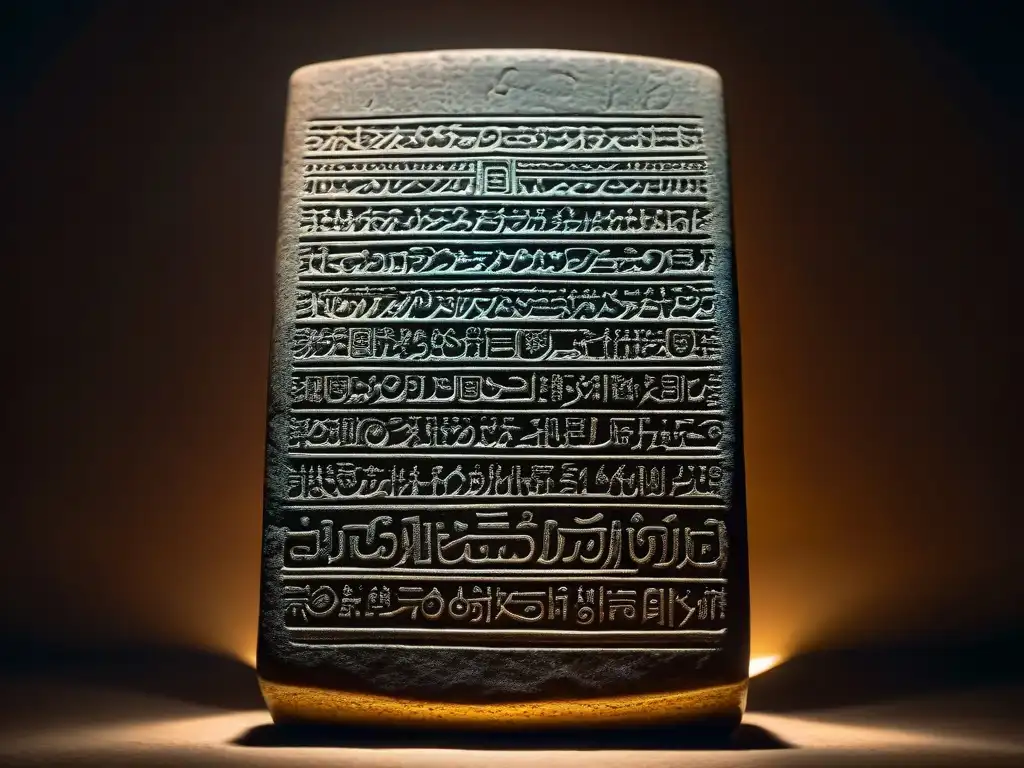 Tableta de barro protoelamita: misterios revelados Misteriosa tablilla de arcilla con escritura protoelamita, iluminada en penumbra