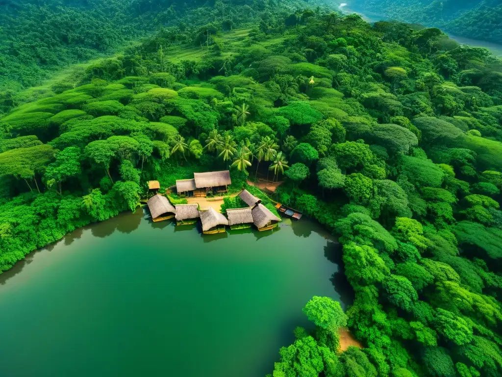 Misterioso poblado tribal en la selva vista desde un dron Misteriosa tribu aislada en la jungla, captada por drones