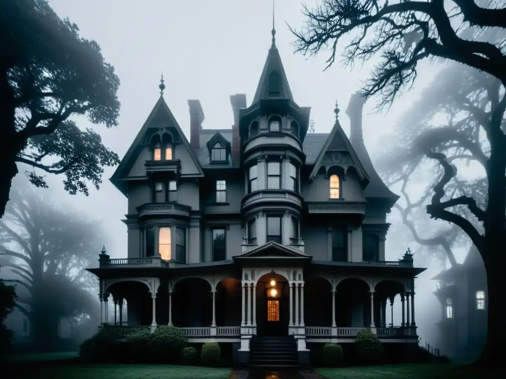 Imponente mansión victoriana en niebla y misterio Misteriosa mansión victoriana en niebla, rodeada de árboles retorcidos