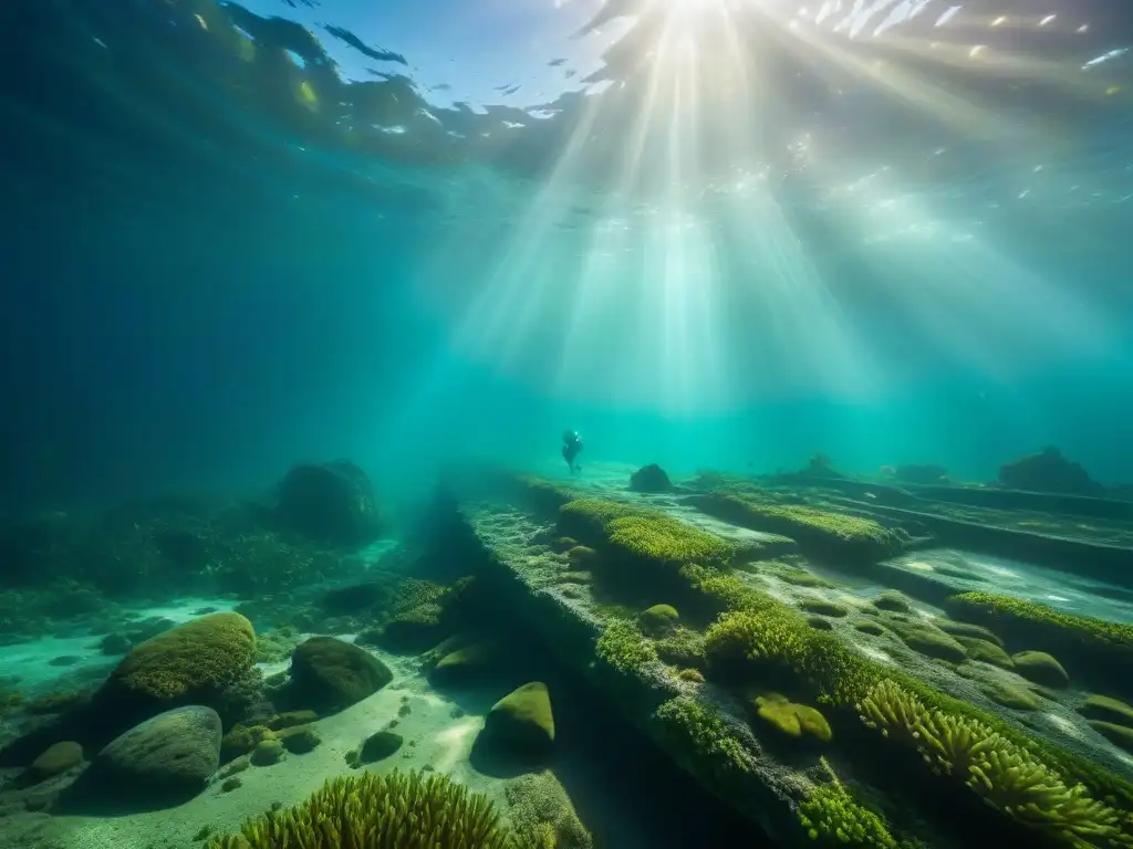 Camino submarino: misterios y vida marina Misteriosas antiguas carreteras sumergidas cobran vida bajo el mar, envueltas en vibrante vida marina y misteriosas profundidades oceánicas