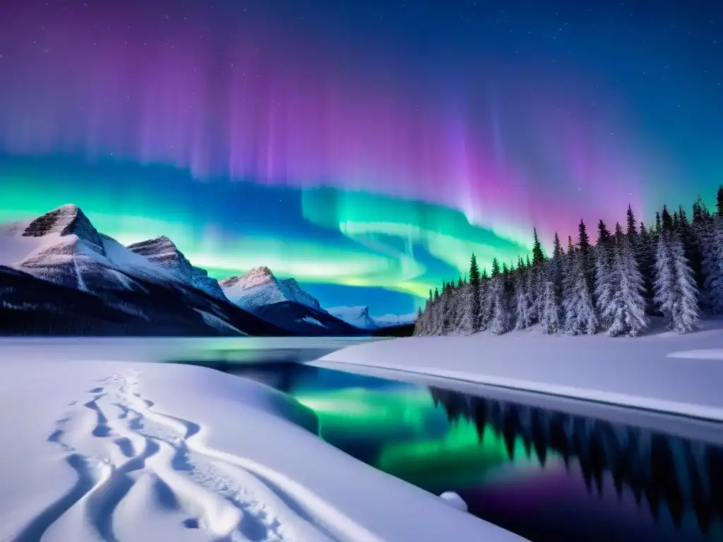 Aurora Boreal sobre paisaje nevado: danza celestial Misteriosas auroras boreales danzan en el cielo estrellado sobre un paisaje nevado, reflejadas en un lago congelado