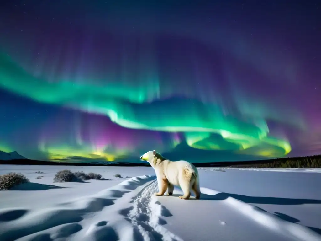 Aurora Boreal en 8k: Oso polar bajo las luces danzantes Misteriosas Auroras Boreales iluminan la noche sobre un oso polar en el Ártico nevado