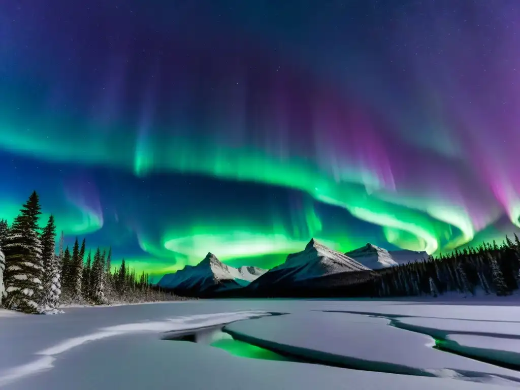 Misteriosa aurora boreal iluminando paisaje nevado Misteriosas Auroras Boreales bailando sobre un paisaje invernal, reflejando los cambios climáticos