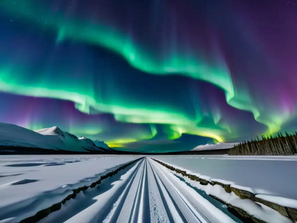 Misteriosas auroras boreales sobre paisaje nevado Misteriosas auroras boreales iluminan paisaje nevado en noche estrellada