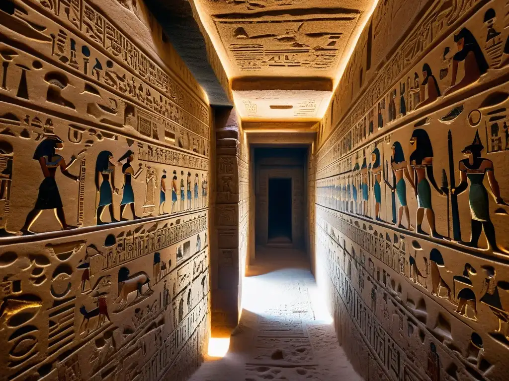 Misterios de la ciudad subterránea egipcia: jeroglíficos, dioses y sombras Explora las misteriosas ciudades subterráneas egipcias con intrincadas inscripciones y estatuas enigmáticas