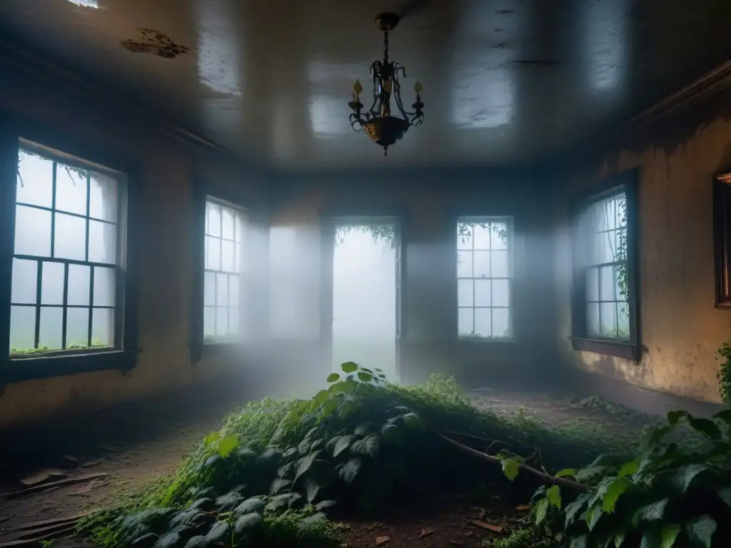 Presencia fantasmal en mansión abandonada: misterio paranormal en la niebla Un misterioso caserón abandonado envuelto en niebla densa, con una figura sombría apenas visible a través de una ventana rota