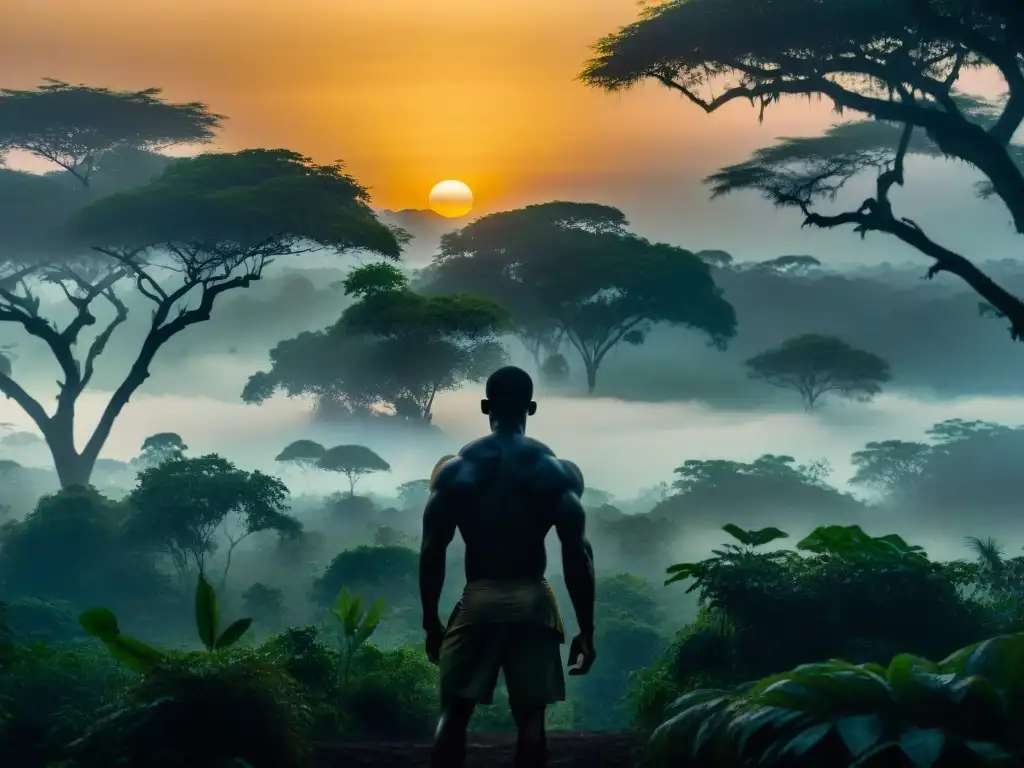 Misterioso licaón en la selva africana al anochecer Misterioso licaón criptozoología africana acechando en la densa jungla al anochecer