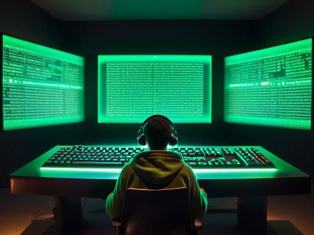 Escena intrigante: figura codeando en cuarto oscuro con monitores verdes Un misterioso ambiente de hackeo paranormal en una habitación oscura con monitores verdes brillantes y códigos