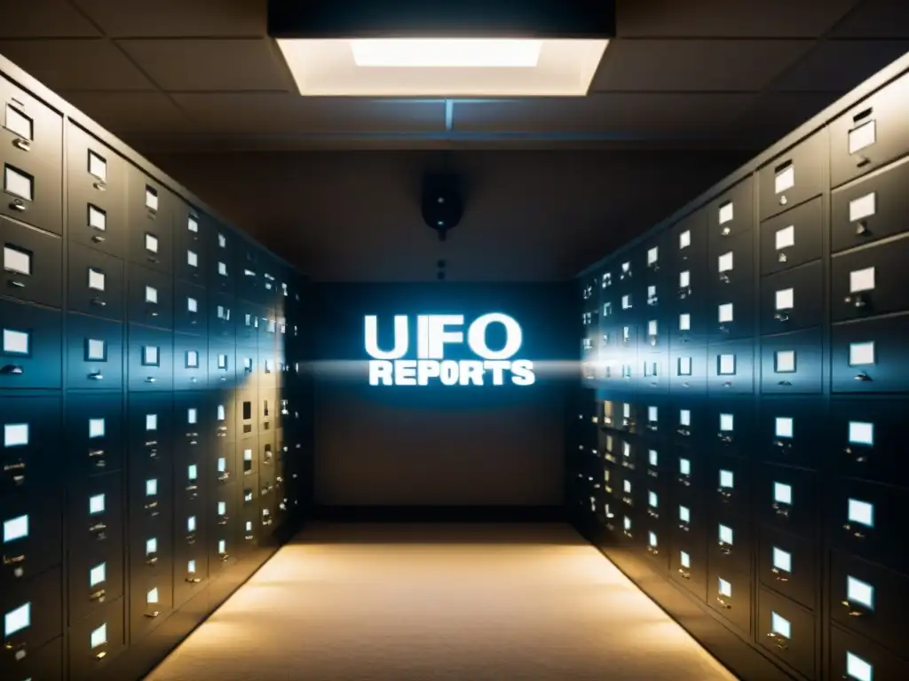 Archivo secreto: informes OVNI y documentos clasificados en la penumbra Un misterioso archivo gubernamental con documentos oficiales ovnis desclasificados en una habitación oscura y polvorienta