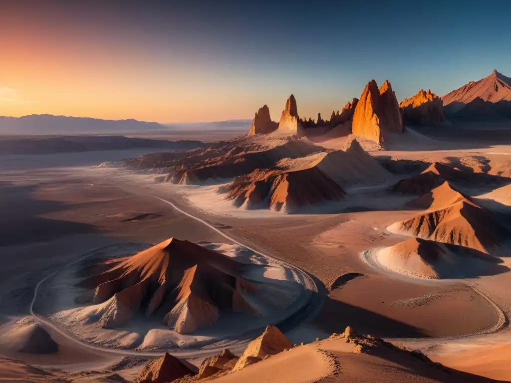 Misterioso atardecer en el Valle de la Luna, Chile, con formaciones rocosas únicas y sombras profundas