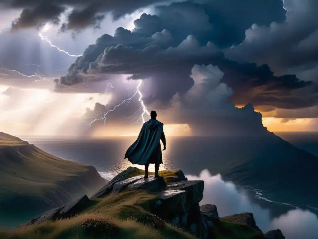 Figura misteriosa en acantilado al atardecer: encuentro sobrenatural Un misterioso avistamiento de criaturas aladas en un acantilado al anochecer, bajo un cielo tormentoso