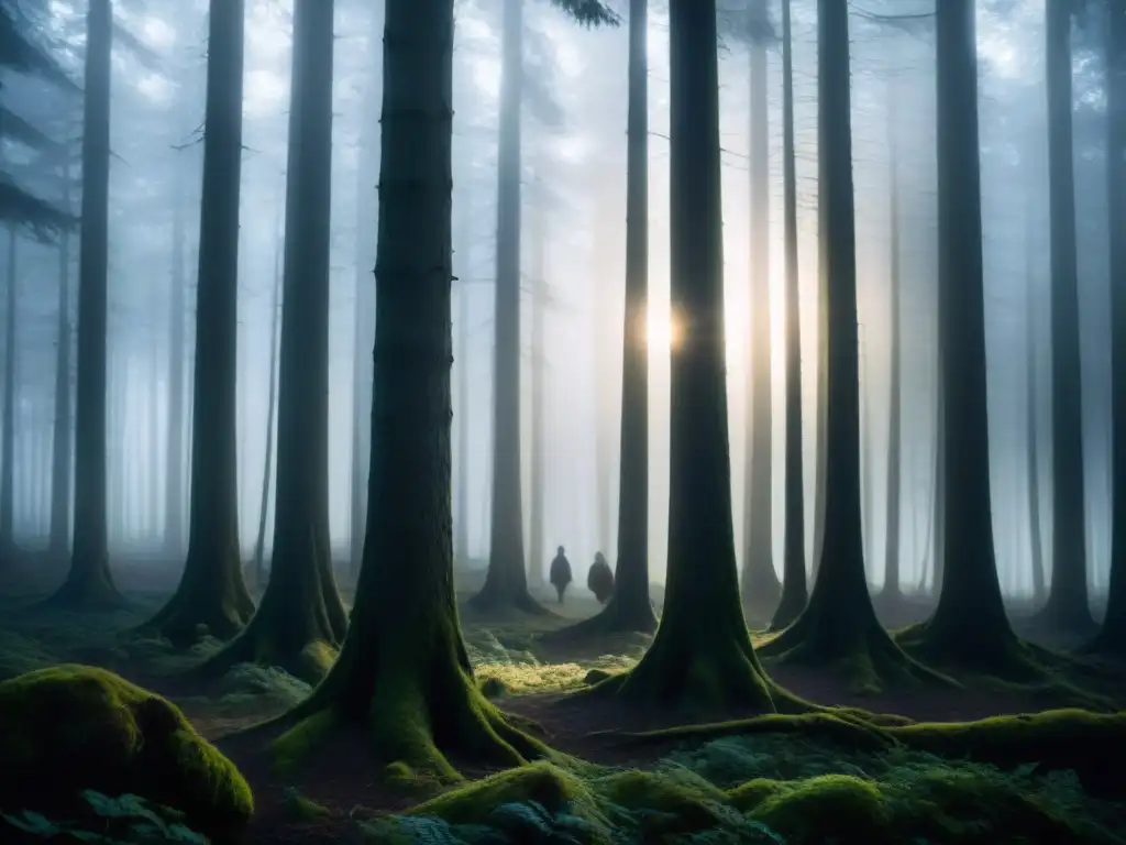 Bosque misterioso al anochecer: Sombras de niños con ojos brillantes Un misterioso bosque crepuscular con sombras inquietantes y figuras enigmáticas