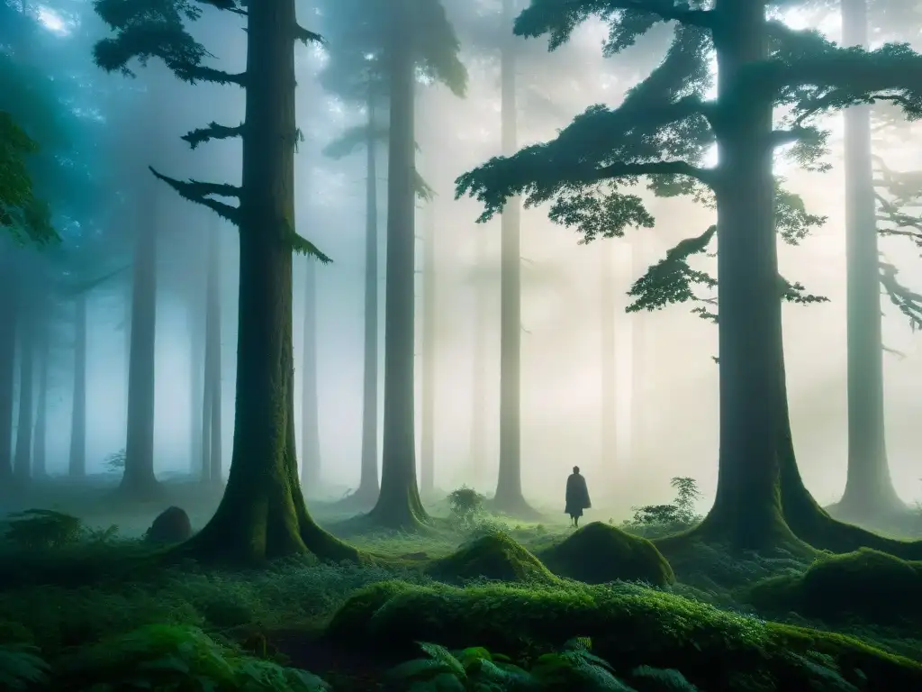 Un misterioso bosque encantado al anochecer, con árboles centenarios envueltos en neblina y una figura solitaria entre la frondosidad
