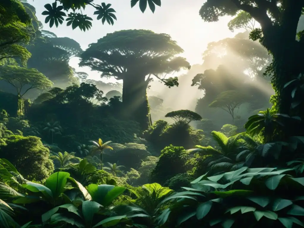 Misterioso bosque ancestral con ave extinta: Dodo en la jungla Un misterioso bosque donde una silueta de Dodo se esconde entre la exuberante vegetación