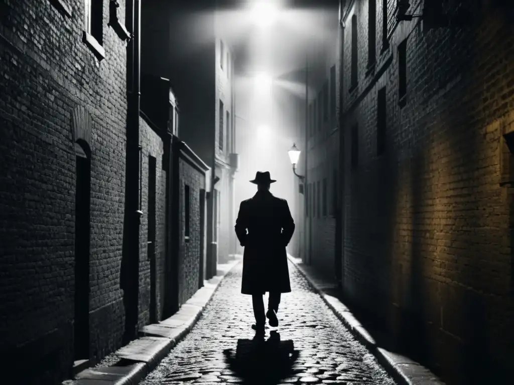 Misterioso callejón: figura solitaria en sombras Un misterioso callejón en blanco y negro de una ciudad antigua y desierta