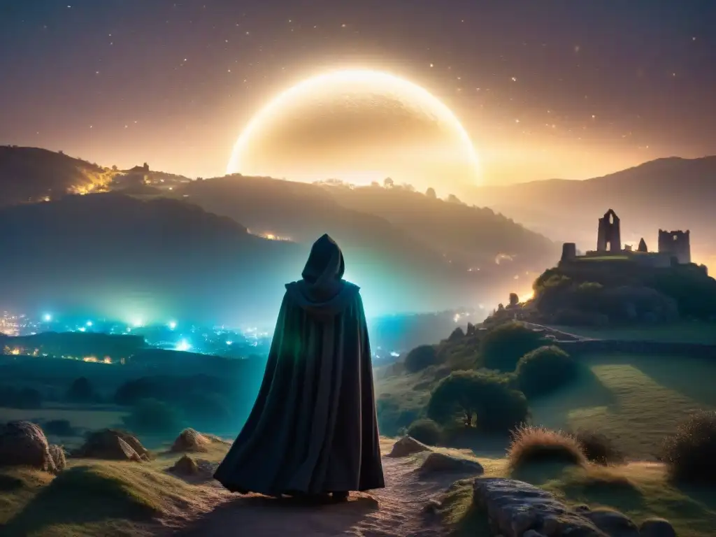 Un misterioso ser en capa en ruinas iluminadas por orbes iridiscentes