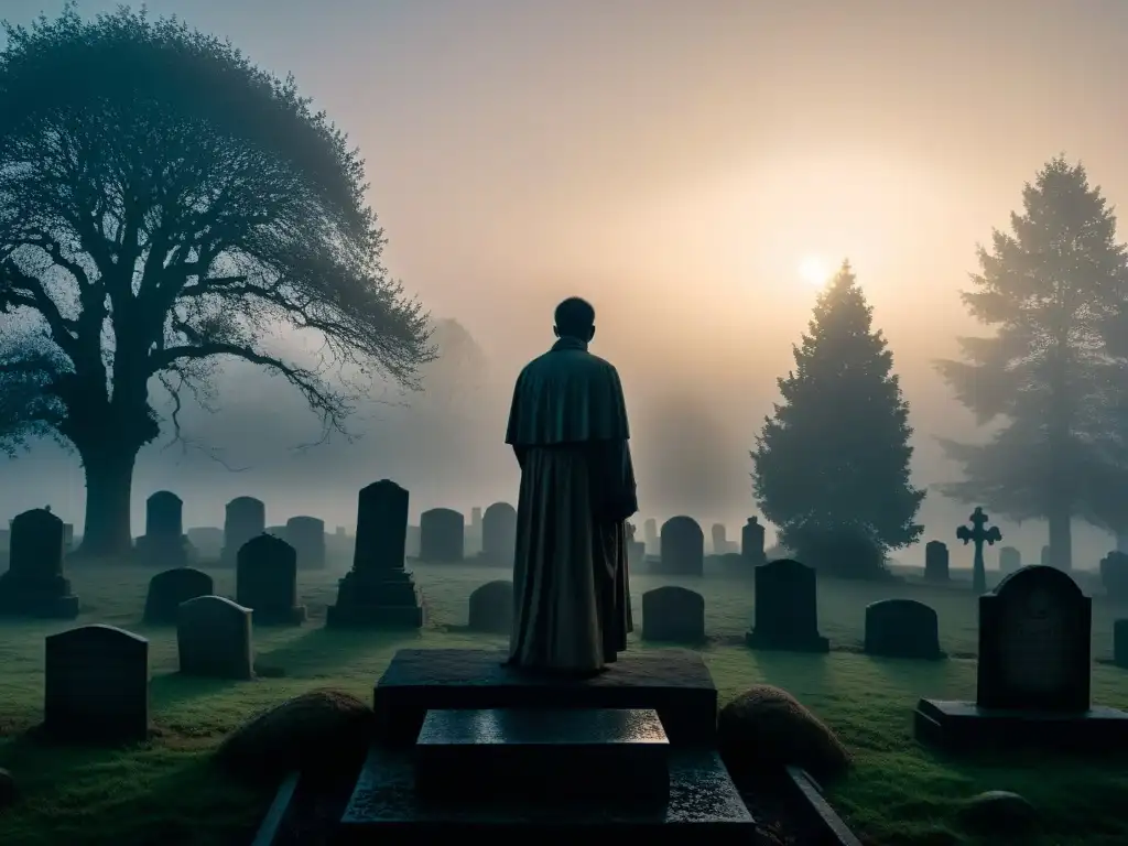 Figura solitaria en cementerio neblinoso al atardecer Un misterioso cementerio al atardecer, con tumbas antiguas envueltas en niebla y una figura solitaria
