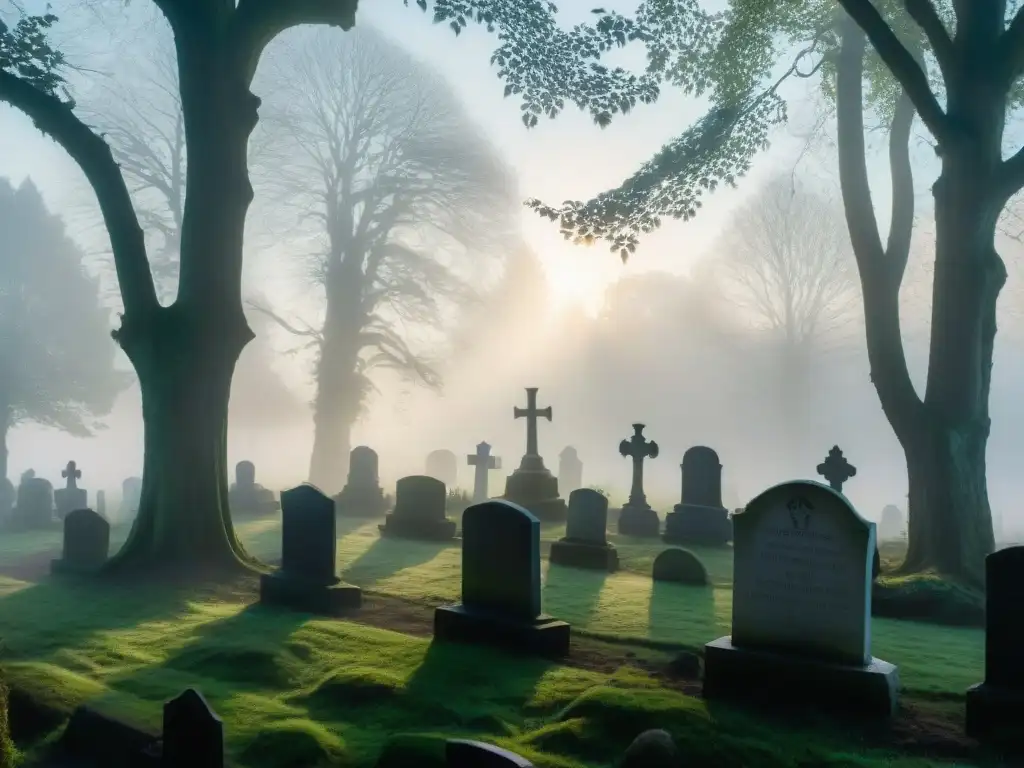 Misterioso amanecer en el cementerio: tumbas antiguas entre la niebla Misterioso cementerio cubierto de niebla al amanecer, con tumbas antiguas y sombras largas en el suelo cubierto de musgo