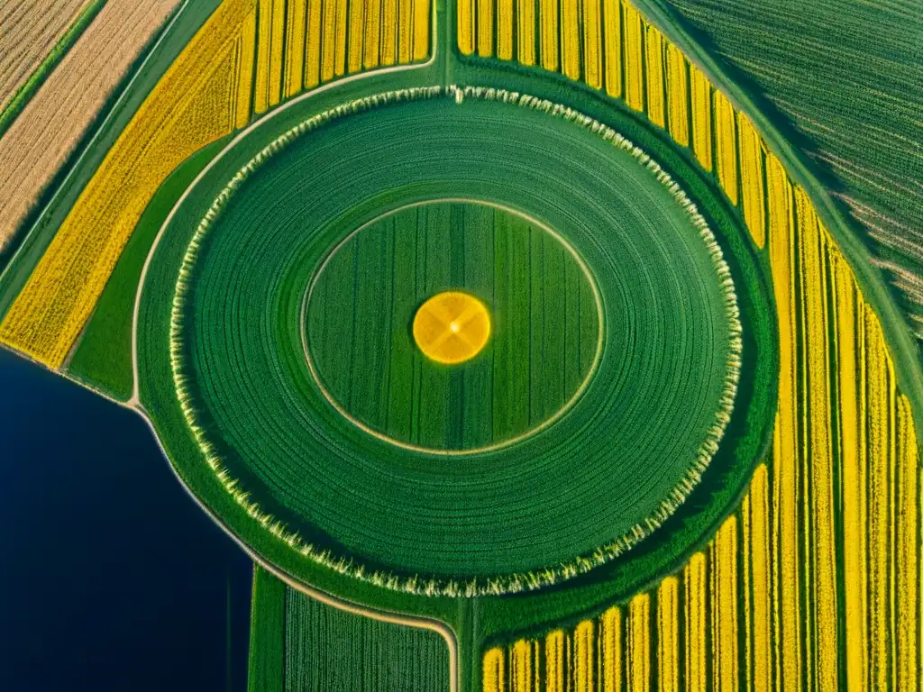 Laberinto dorado: crop circle intrincado desde el aire Un misterioso círculo de cultivos con diseño geométrico preciso, en un campo de trigo dorado