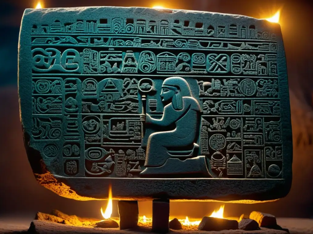 Descifrando jeroglíficos zapotecas: enigma ancestral Un misterioso encapuchado estudia códigos en una antigua losa de piedra zapoteca bajo la luz de una antorcha titilante
