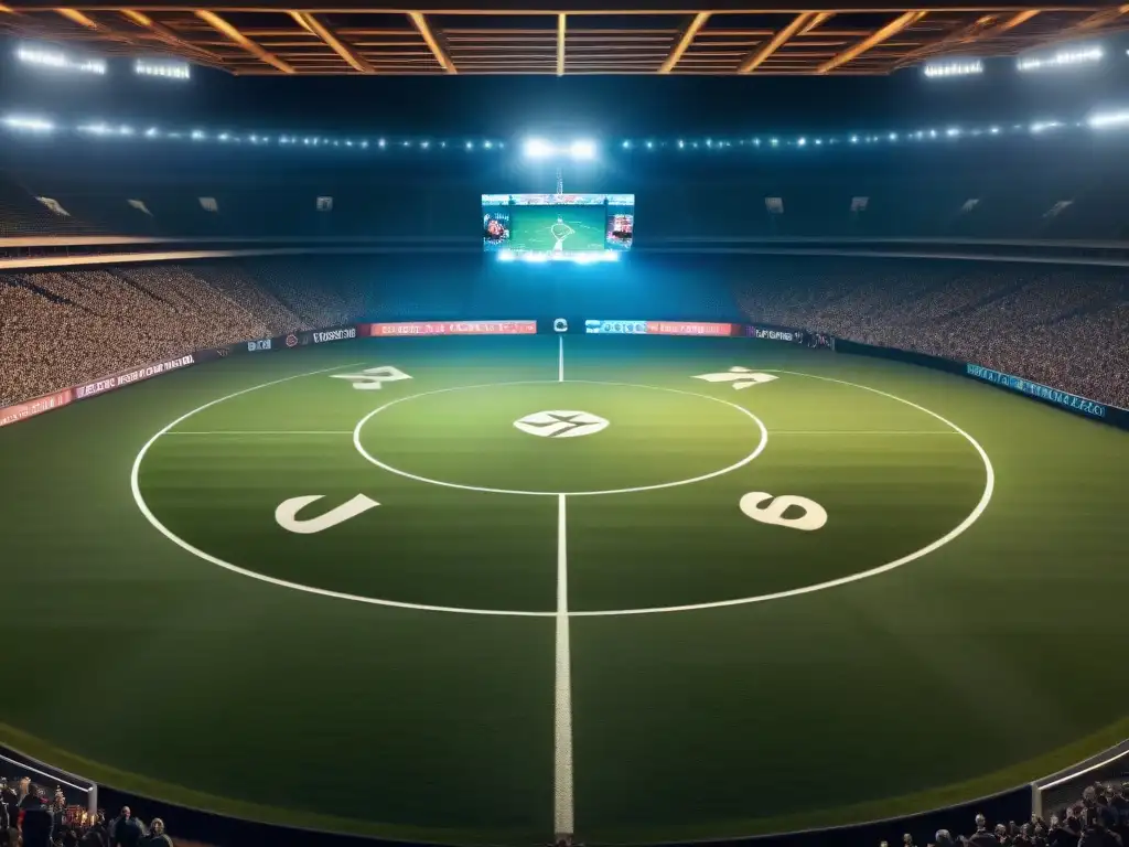 Estadio deportivo enigmático: símbolos y secretos Un misterioso escenario deportivo iluminado débilmente, con símbolos intrincados y objetos rituales, crea una atmósfera enigmática