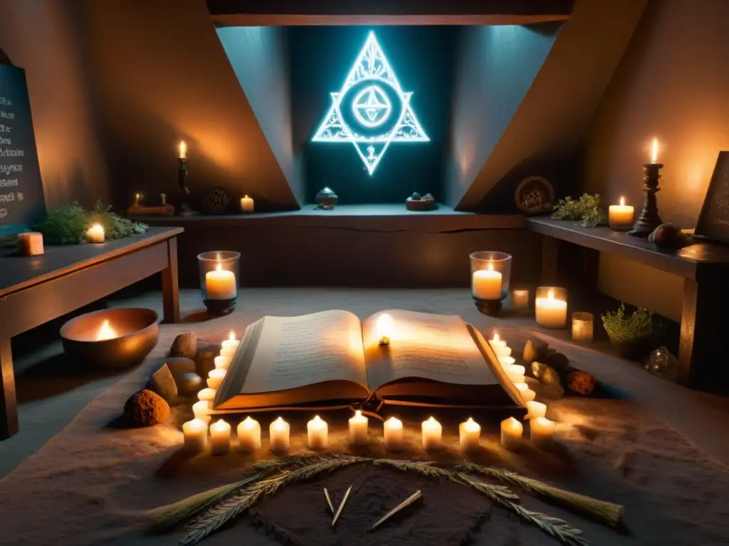 Escena misteriosa: símbolo en suelo rodeado de velas y objetos, 8k Un misterioso escenario a la luz de las velas, con objetos mágicos y un símbolo en el suelo