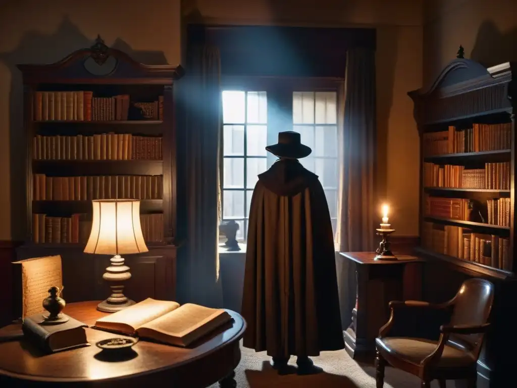 Escena misteriosa: habitación vintage con figura en la sombra Un misterioso escenario con muebles vintage, libros polvorientos, una lupa antigua, y una vela titilante que proyecta sombras inquietantes