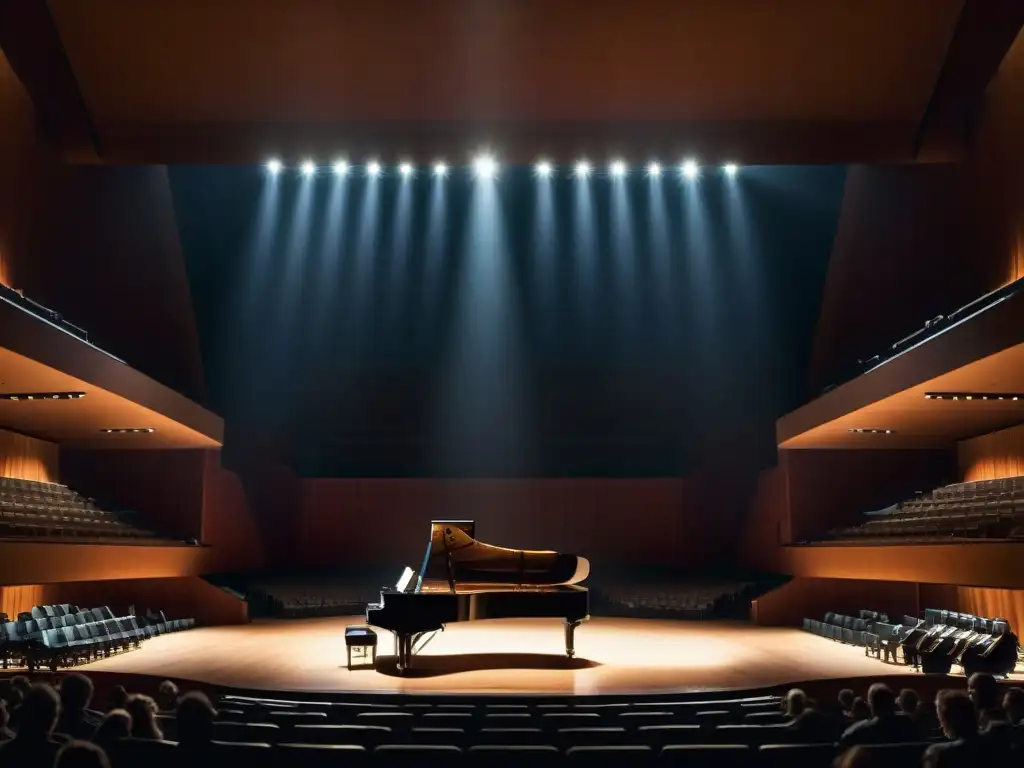 Un misterioso escenario de un teatro con un piano iluminado en el centro y asientos vacíos
