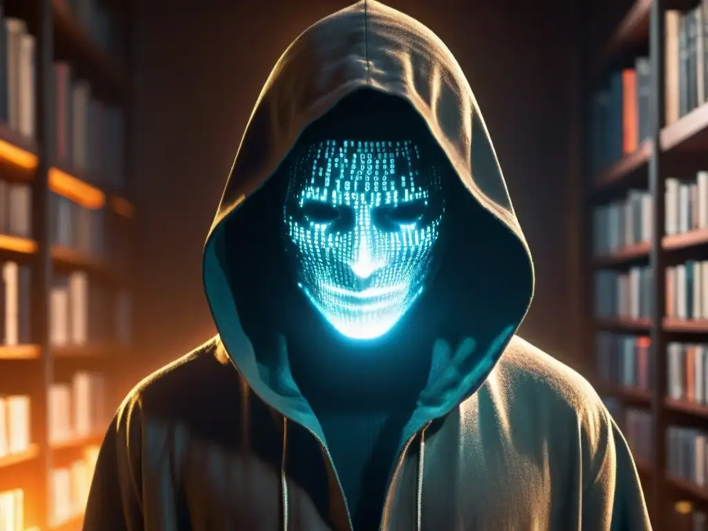 Figura misteriosa en la oscuridad: códigos y enigmas Un misterioso ser encapuchado frente a códigos brillantes en pantalla, en una habitación tenebrosa de libros sobre fenómenos paranormales