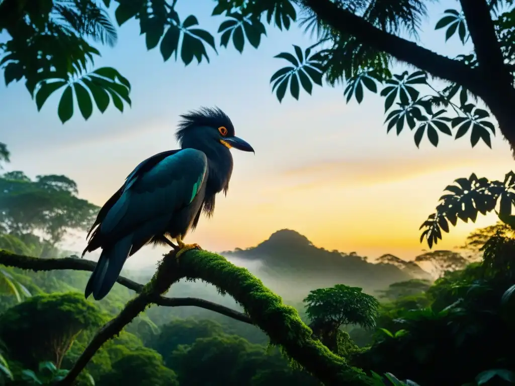 Majestuoso Gigante Java Bird en la Jungla al Atardecer El misterioso Gigante de Java se oculta entre la exuberante selva al atardecer, revelando sus secretos en sus ojos penetrantes