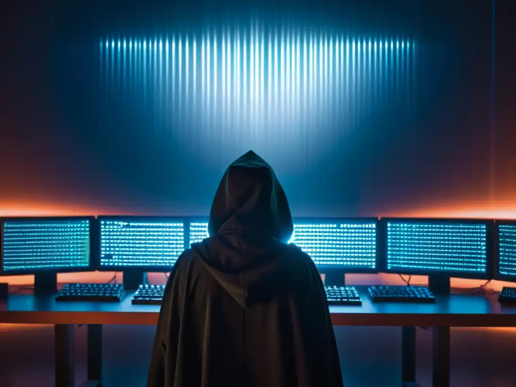 Escena misteriosa: figura sombría en sala de códigos Un misterioso hacker en una habitación lúgubre llena de pantallas brillantes con códigos, fenómenos paranormales en la red
