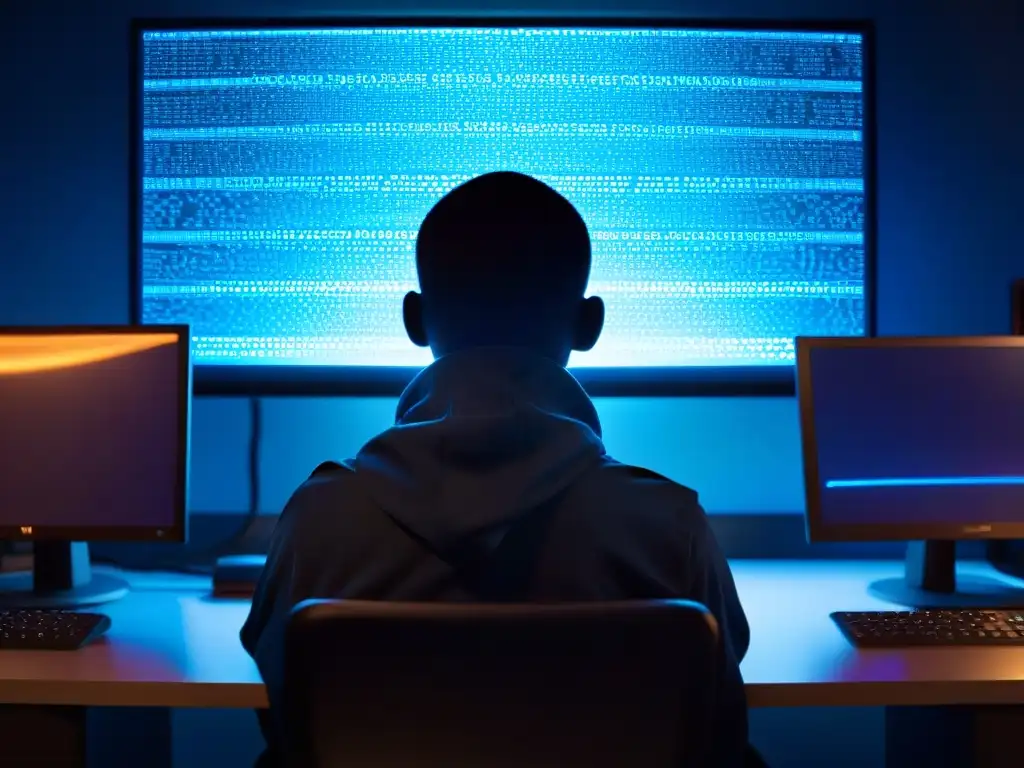 Entidad misteriosa en la oscuridad del código Un misterioso hacker rodeado de códigos en una habitación oscura, evocando fenómenos paranormales