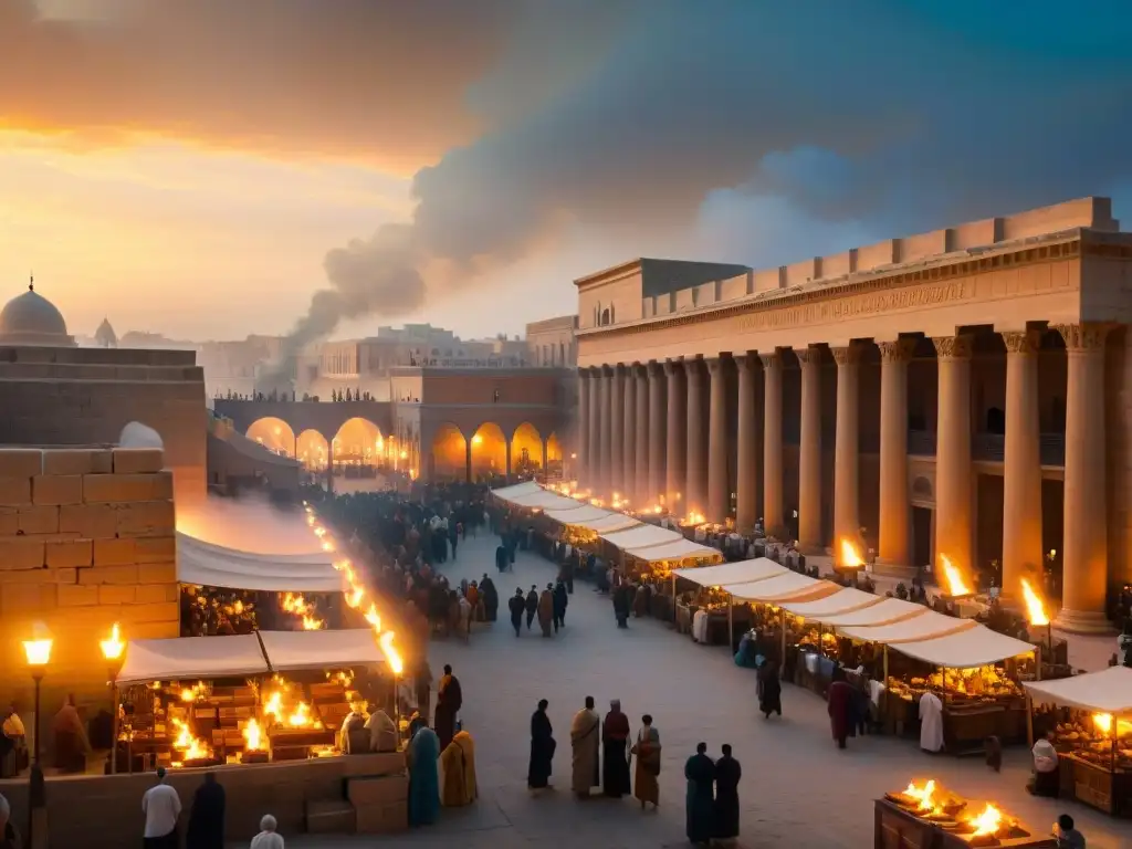 Misterioso mercado antiguo en Alejandría con la Biblioteca envuelta en neblina al atardecer