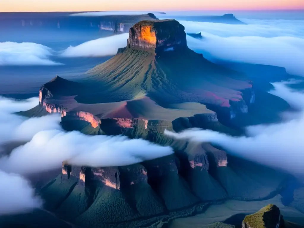 Monte Roraima al amanecer: misterio y maravilla en la cima Misterioso Monte Roraima: cima inspiradora en la neblina, con tonos naranja y rosa en el cielo