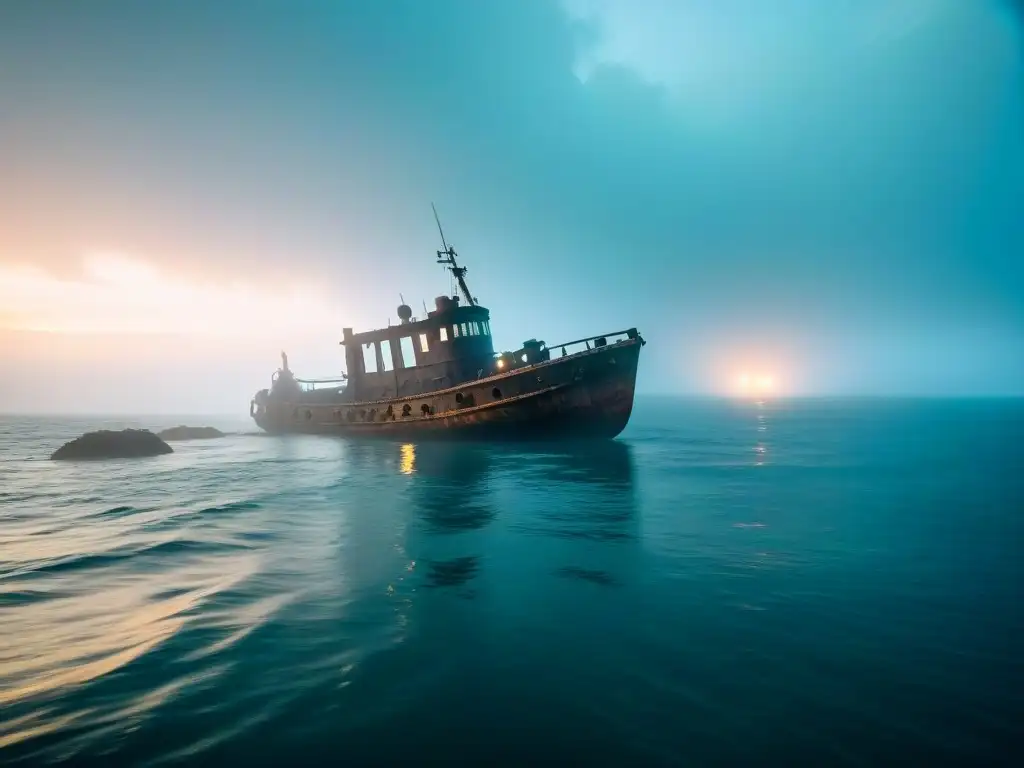 Misterio en el Triángulo de las Bermudas: naufragio en la niebla Un misterioso naufragio en la densa niebla del Triángulo de las Bermudas al atardecer