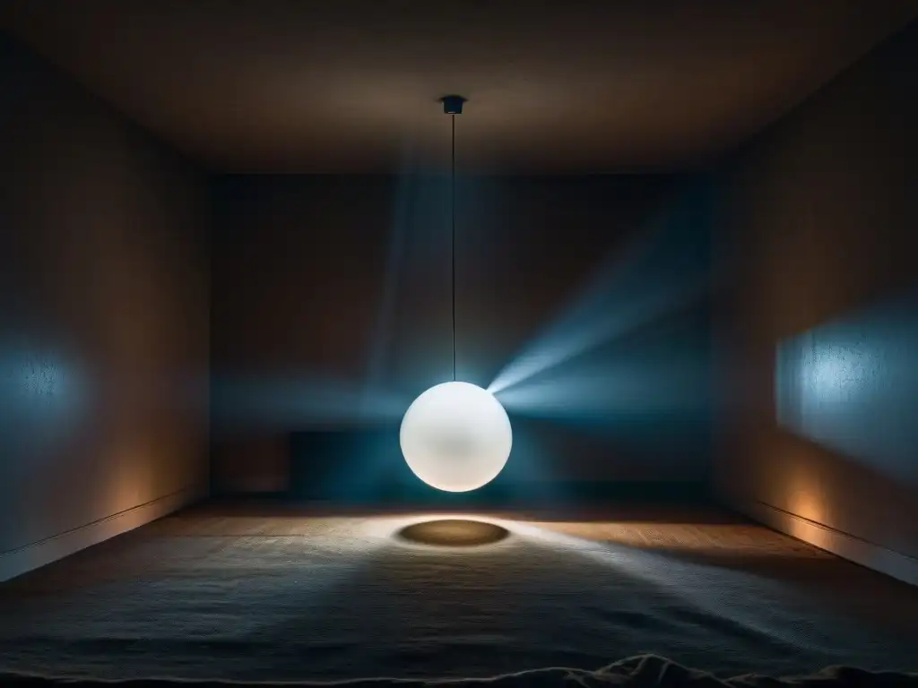 Misteriosa luz de un orbe flotante en habitación oscura Un misterioso orb brillante flotando en una habitación oscura iluminada por una luz tenue, evocando lo paranormal
