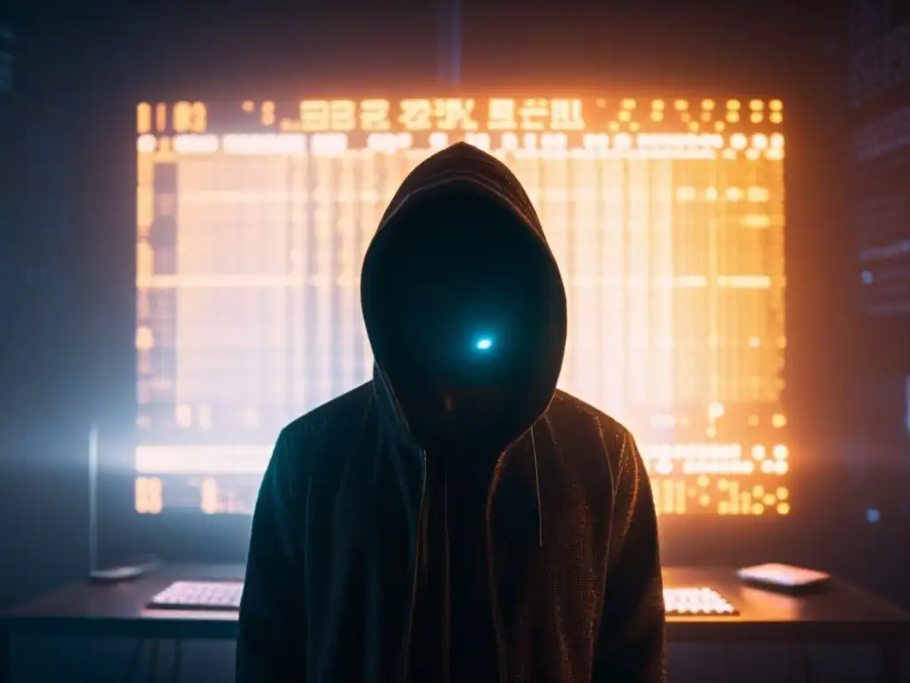 Entidad misteriosa ante pantalla de códigos brillantes Un misterioso ser frente a la pantalla brillante, entre códigos y sombras