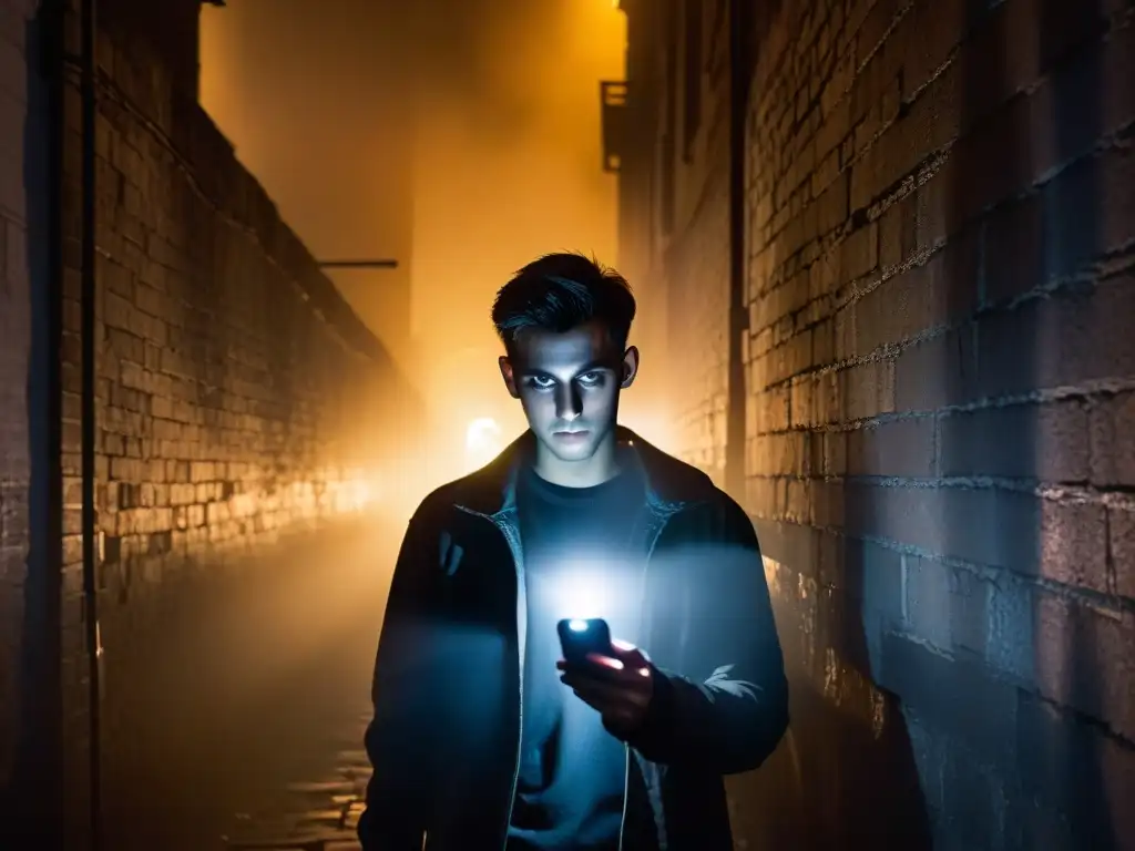 Figura misteriosa en callejón oscuro con mapa de leyendas urbanas Un misterioso personaje en un callejón oscuro con ojos brillantes, consultando en su smartphone un mapa de leyendas urbanas