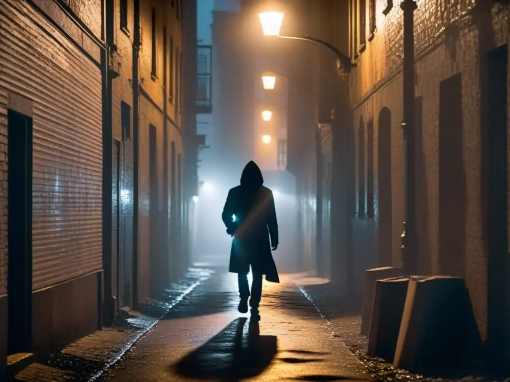 Figura misteriosa en callejón sombrío: símbolos en la niebla Un misterioso personaje camina por un callejón urbano en penumbra y neblina, con símbolos en el suelo