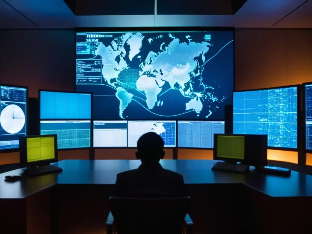 Intrigante figura en la sala oscura: misterios de la tecnología HAARP Un misterioso personaje en una habitación oscura llena de pantallas de computadora con datos sobre la tecnología HAARP