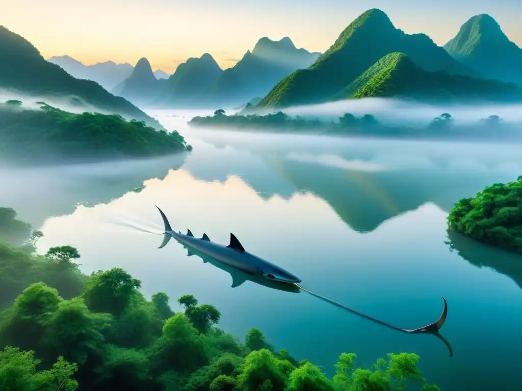 Majestuoso paddlefish chino en río misterioso al amanecer Misterioso Pez Espátula Chino surcando neblinoso río al amanecer, rodeado de enigmática atmósfera