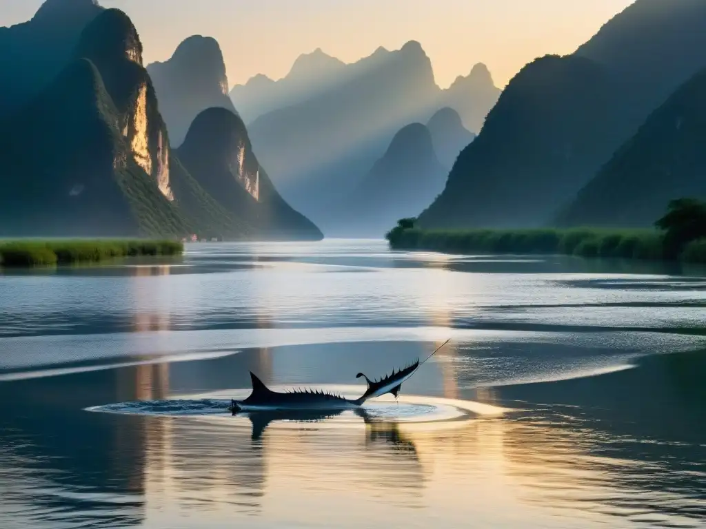 Río chino al atardecer: Paddlefish en su hábitat Misterioso pez espátula chino en un río sereno al atardecer, reflejando la última luz del sol entre montañas brumosas
