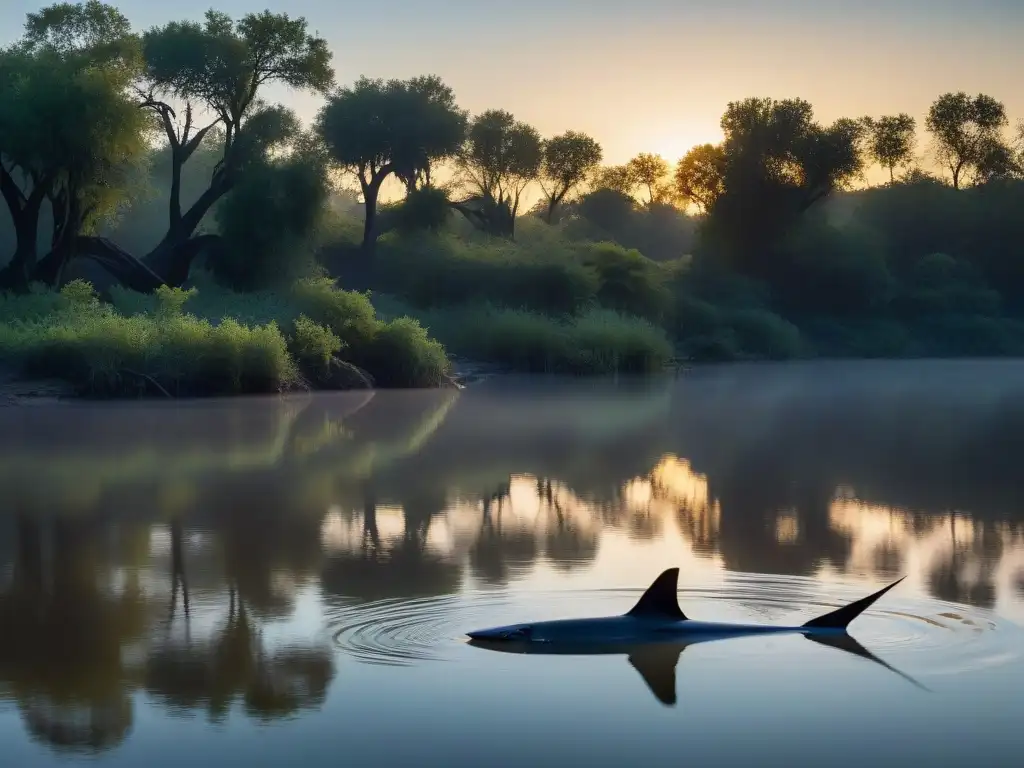 Misterioso paddlefish chino emerge al atardecer en río sombrío Un misterioso Pez Espátula Chino emerge en un río al atardecer, reflejando sombras de árboles